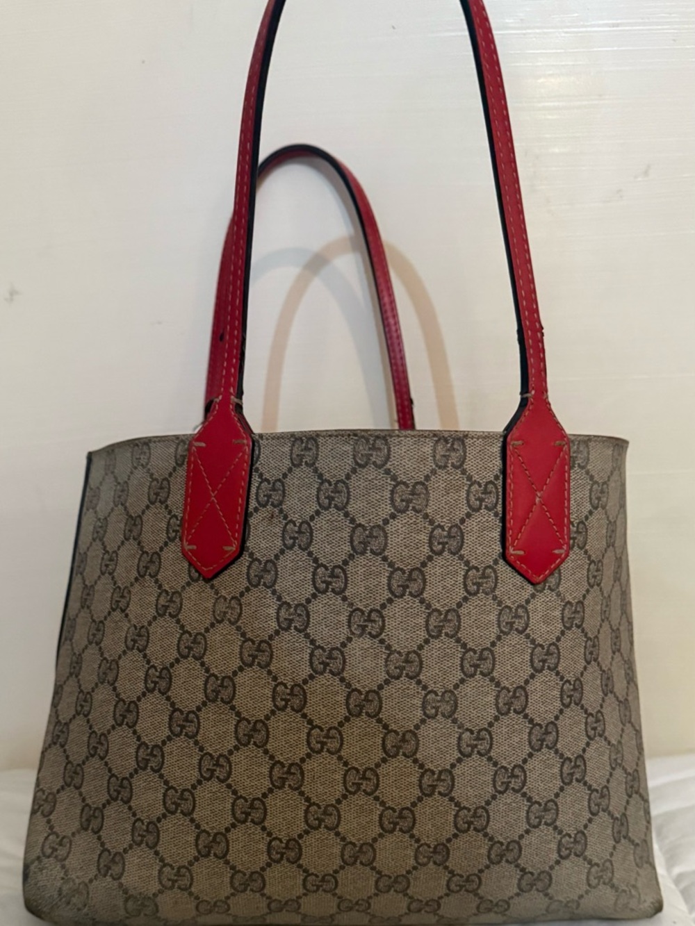 Vintage Gucci reversible red and GG pattern  Tote with Red Leather Handles